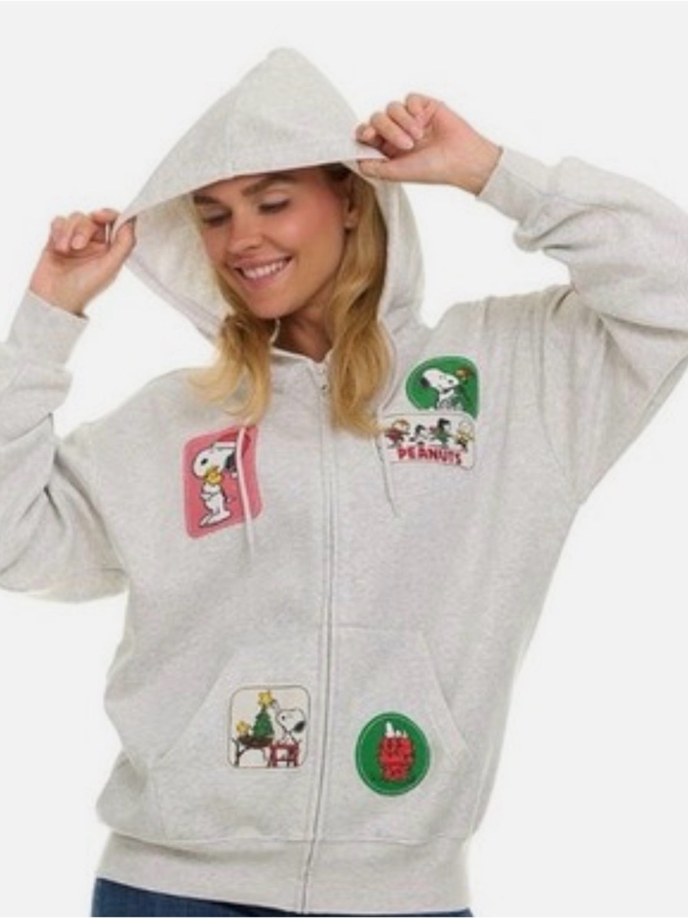 Peanuts Snoopy & Friends Hoodie Women Large Full Zip Grey Patches NEW